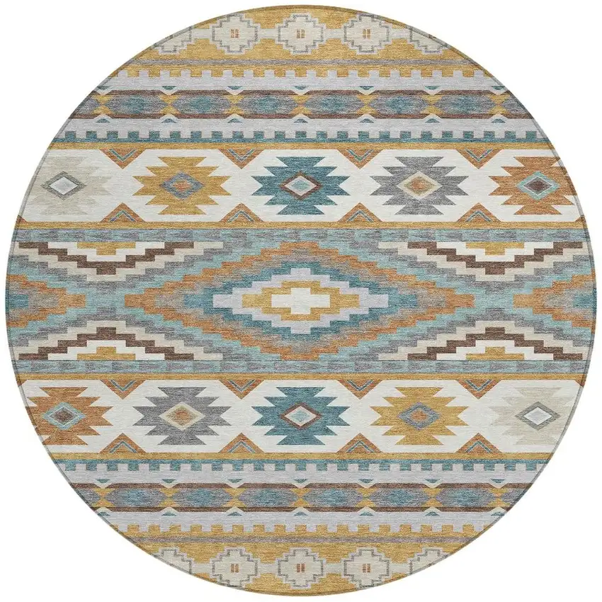 8' Gold And Teal Blue Round Southwestern Washable Indoor Outdoor Area Rug Photo 3