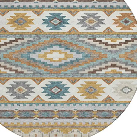 8' Gold And Teal Blue Round Southwestern Washable Indoor Outdoor Area Rug Photo 2
