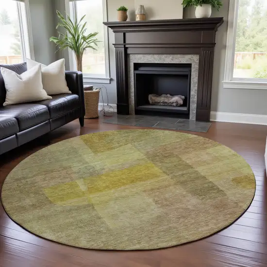8' Gold And Wheat Abstract Washable Round Rug With UV Protection Photo 4