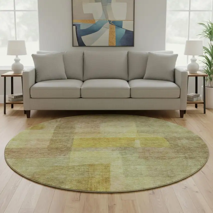 8' Gold And Wheat Abstract Washable Round Rug With UV Protection Photo 2