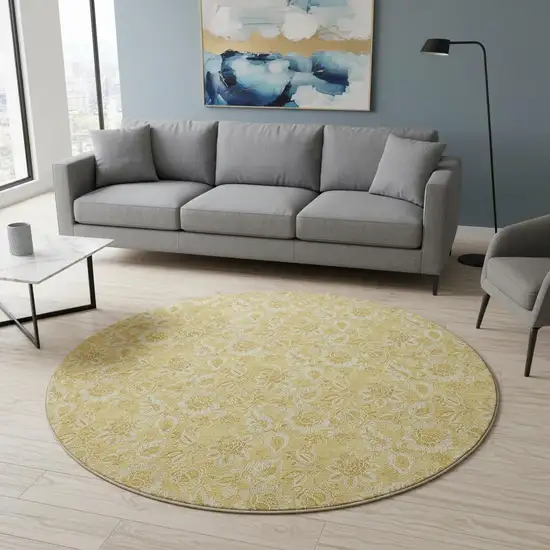 8' Gold And Wheat Floral Washable Round Rug With UV Protection Photo 2