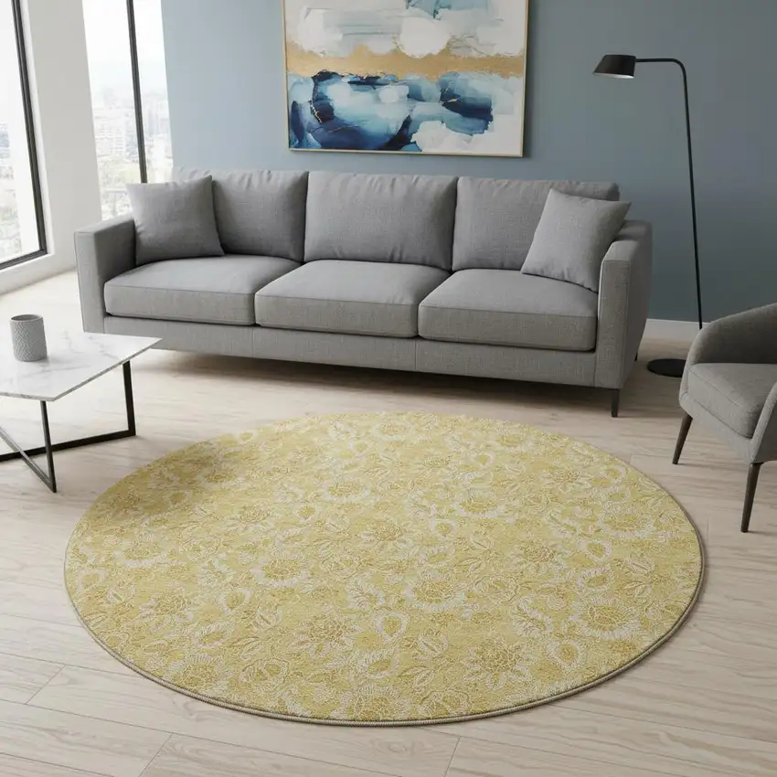 8' Gold And Wheat Floral Washable Round Rug With UV Protection Photo 2