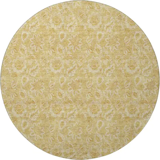 8' Gold And Wheat Floral Washable Round Rug With UV Protection Photo 3