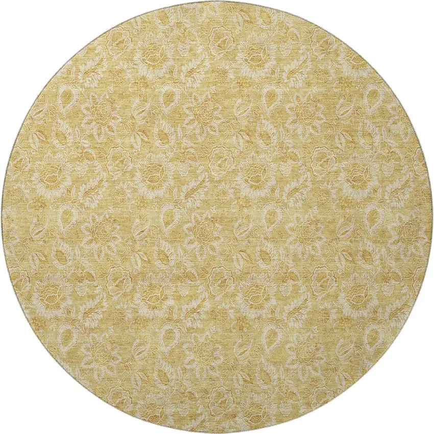 8' Gold And Wheat Floral Washable Round Rug With UV Protection Photo 3