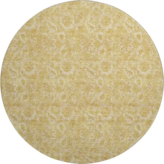 8' Gold And Wheat Floral Washable Round Rug With UV Protection Photo 1