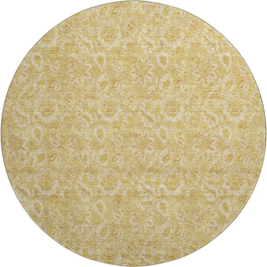 8' Gold And Wheat Floral Washable Round Rug With UV Protection Photo 1