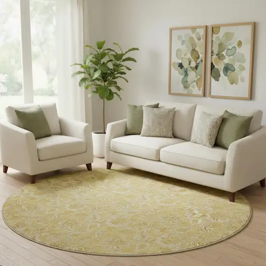 8' Gold And Wheat Floral Washable Round Rug With UV Protection Photo 1