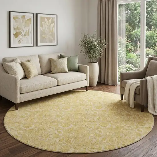 8' Gold And Wheat Floral Washable Round Rug With UV Protection Photo 1