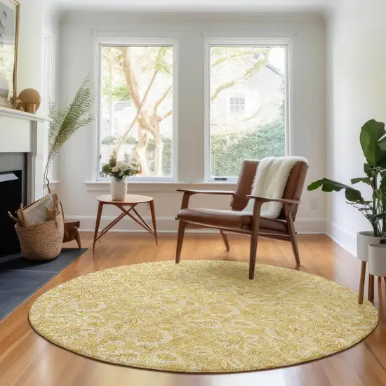 8' Gold And Wheat Floral Washable Round Rug With UV Protection Photo 5