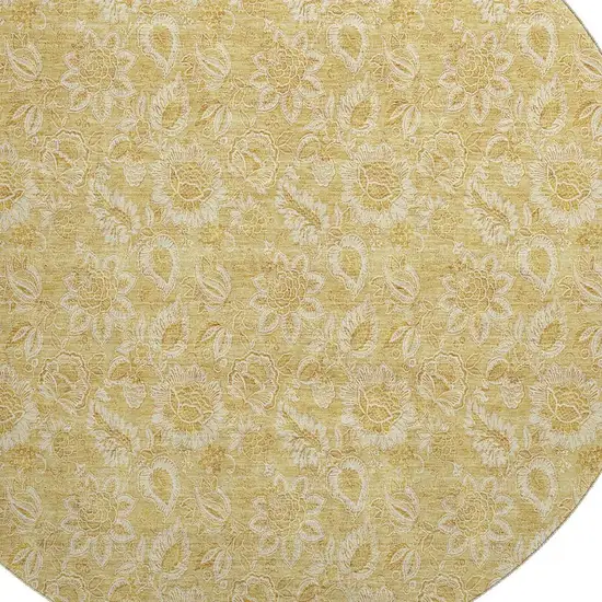 8' Gold And Wheat Floral Washable Round Rug With UV Protection Photo 4