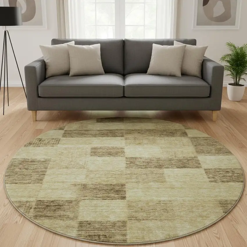 8' Gold And Wheat Geometric Washable Round Rug With UV Protection Photo 2