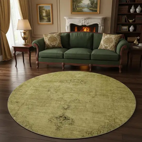 8' Gold And Wheat Oriental Washable Round Rug With UV Protection Photo 2