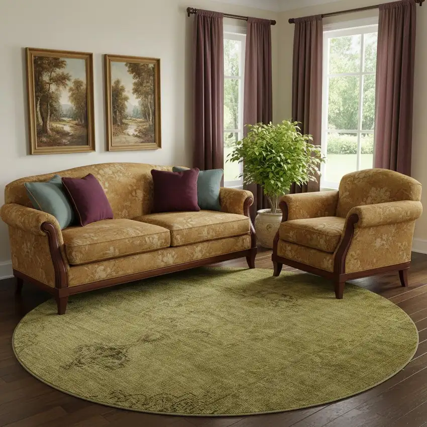 8' Gold And Wheat Oriental Washable Round Rug With UV Protection Photo 1