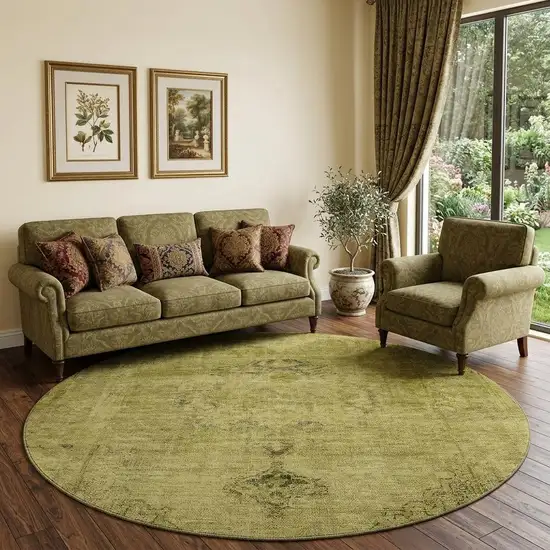 8' Gold And Wheat Oriental Washable Round Rug With UV Protection Photo 1
