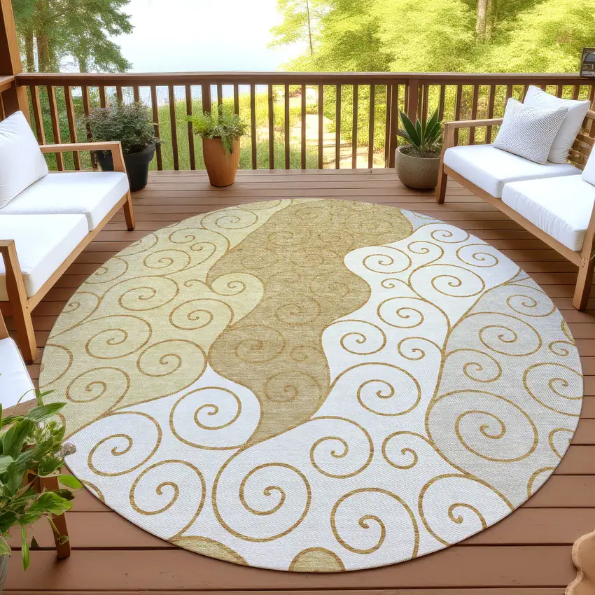 8' Gold And Wheat Round Abstract Washable Indoor Outdoor Area Rug Photo 4