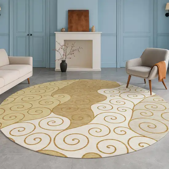 8' Gold And Wheat Round Abstract Washable Indoor Outdoor Area Rug Photo 5