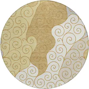 Photo of 8' Gold And Wheat Round Abstract Washable Indoor Outdoor Area Rug