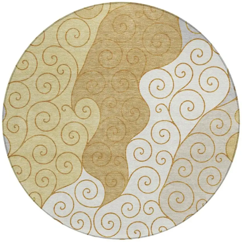 8' Gold And Wheat Round Abstract Washable Indoor Outdoor Area Rug Photo 3