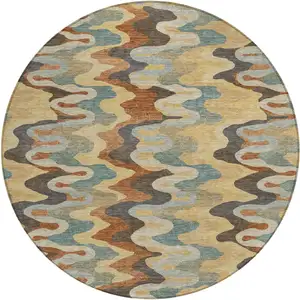 Photo of 8' Gold And Wheat Round Abstract Washable Indoor Outdoor Area Rug