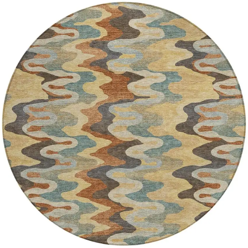 8' Gold And Wheat Round Abstract Washable Indoor Outdoor Area Rug Photo 3