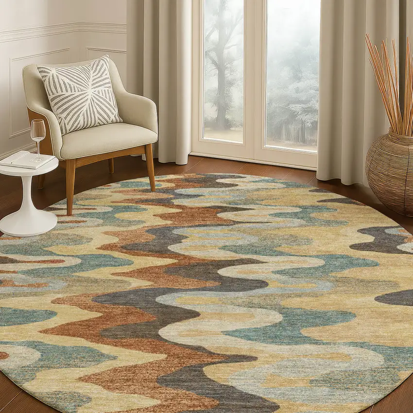 8' Gold And Wheat Round Abstract Washable Indoor Outdoor Area Rug Photo 5