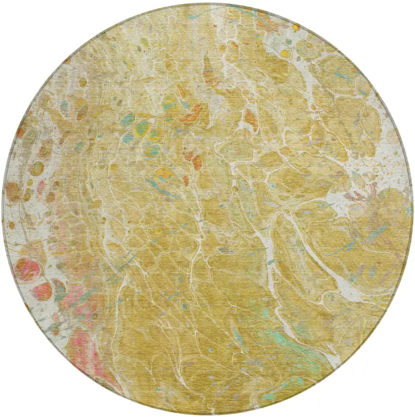 8' Gold And Wheat Round Abstract Washable Indoor Outdoor Area Rug Photo 2