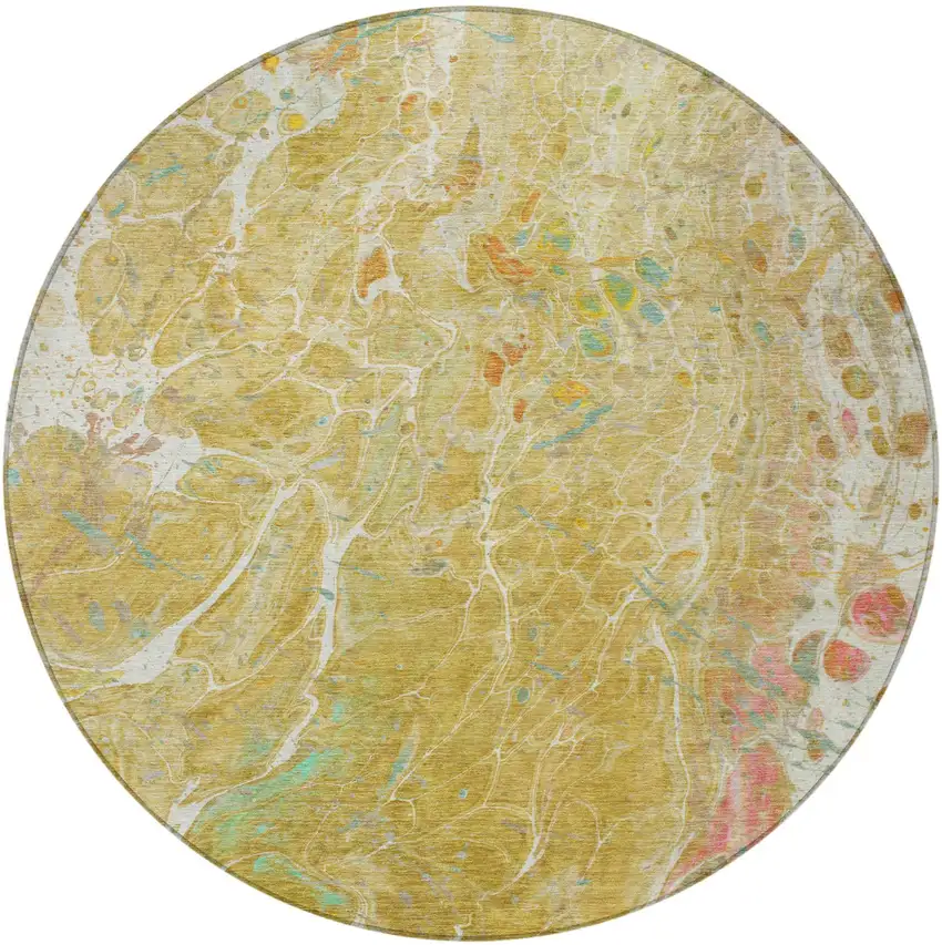 8' Gold And Wheat Round Abstract Washable Indoor Outdoor Area Rug Photo 4