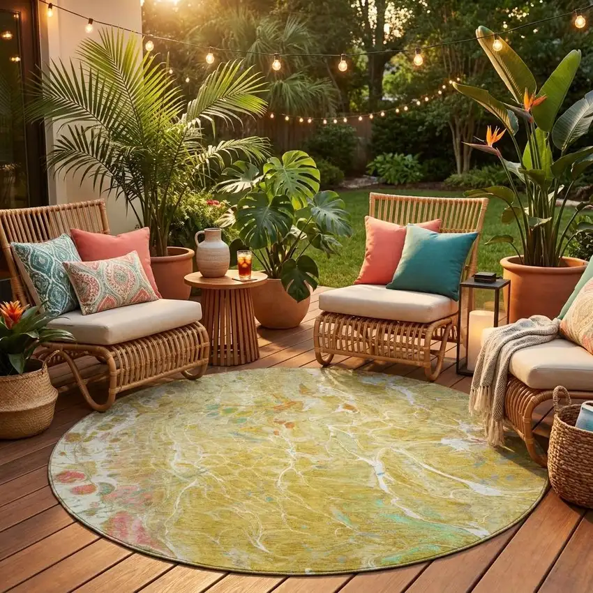 8' Gold And Wheat Round Abstract Washable Indoor Outdoor Area Rug Photo 1