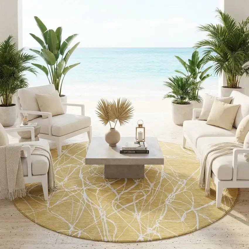 8' Gold And Wheat Round Abstract Washable Indoor Outdoor Area Rug Photo 1