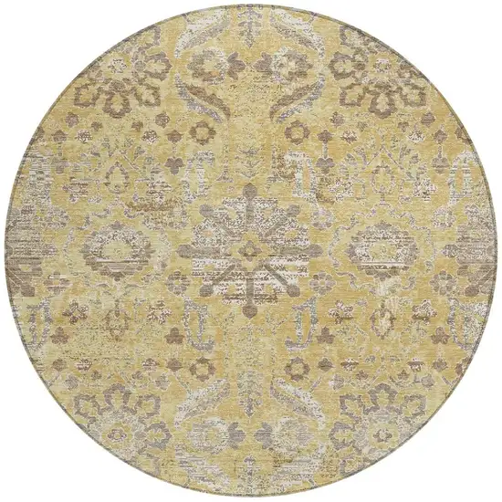 8' Gold And Wheat Round Damask Washable Indoor Outdoor Area Rug Photo 2