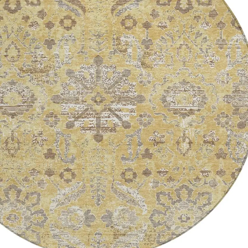8' Gold And Wheat Round Damask Washable Indoor Outdoor Area Rug Photo 3