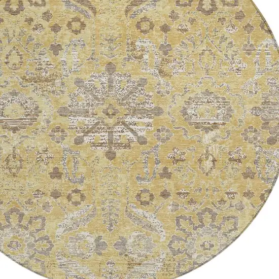 8' Gold And Wheat Round Damask Washable Indoor Outdoor Area Rug Photo 3
