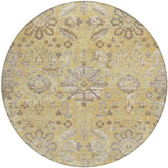 8' Gold And Wheat Round Damask Washable Indoor Outdoor Area Rug Photo 1