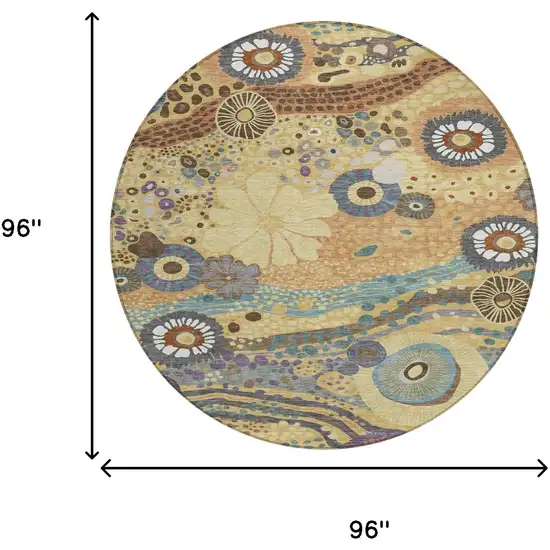 8' Gold And Wheat Round Floral Washable Indoor Outdoor Area Rug Photo 7
