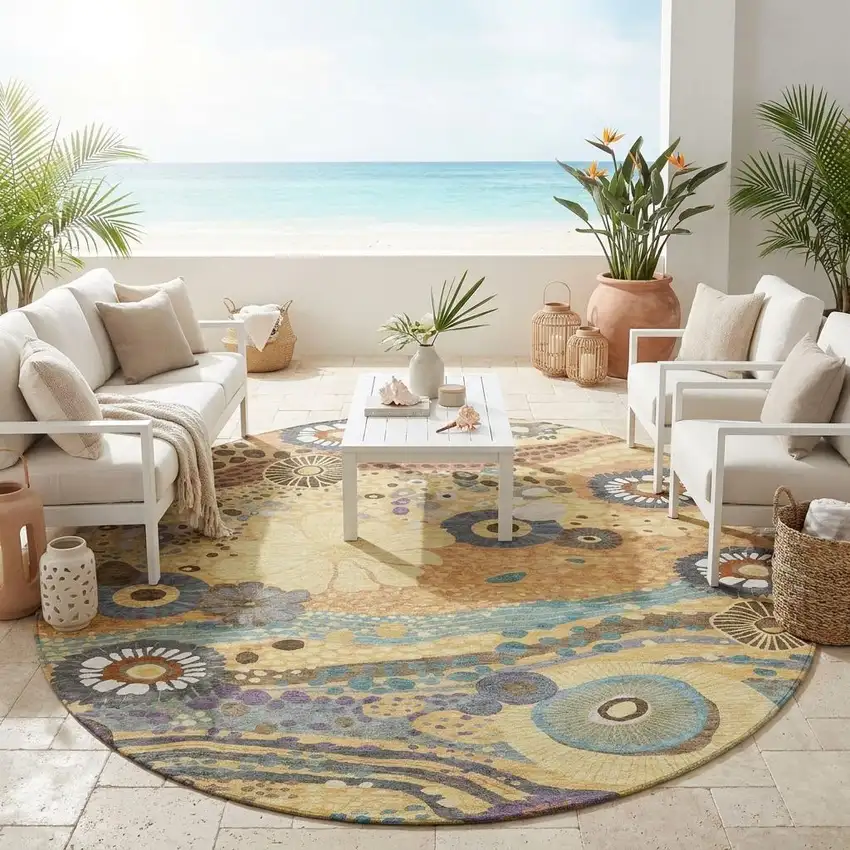 8' Gold And Wheat Round Floral Washable Indoor Outdoor Area Rug Photo 1