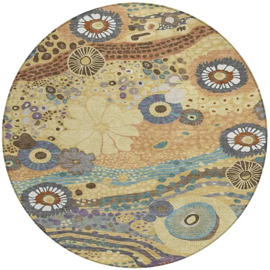 8' Gold And Wheat Round Floral Washable Indoor Outdoor Area Rug Photo 2