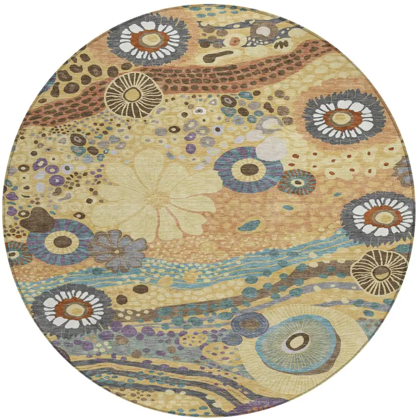 8' Gold And Wheat Round Floral Washable Indoor Outdoor Area Rug Photo 2