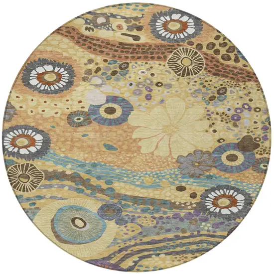 8' Gold And Wheat Round Floral Washable Indoor Outdoor Area Rug Photo 4
