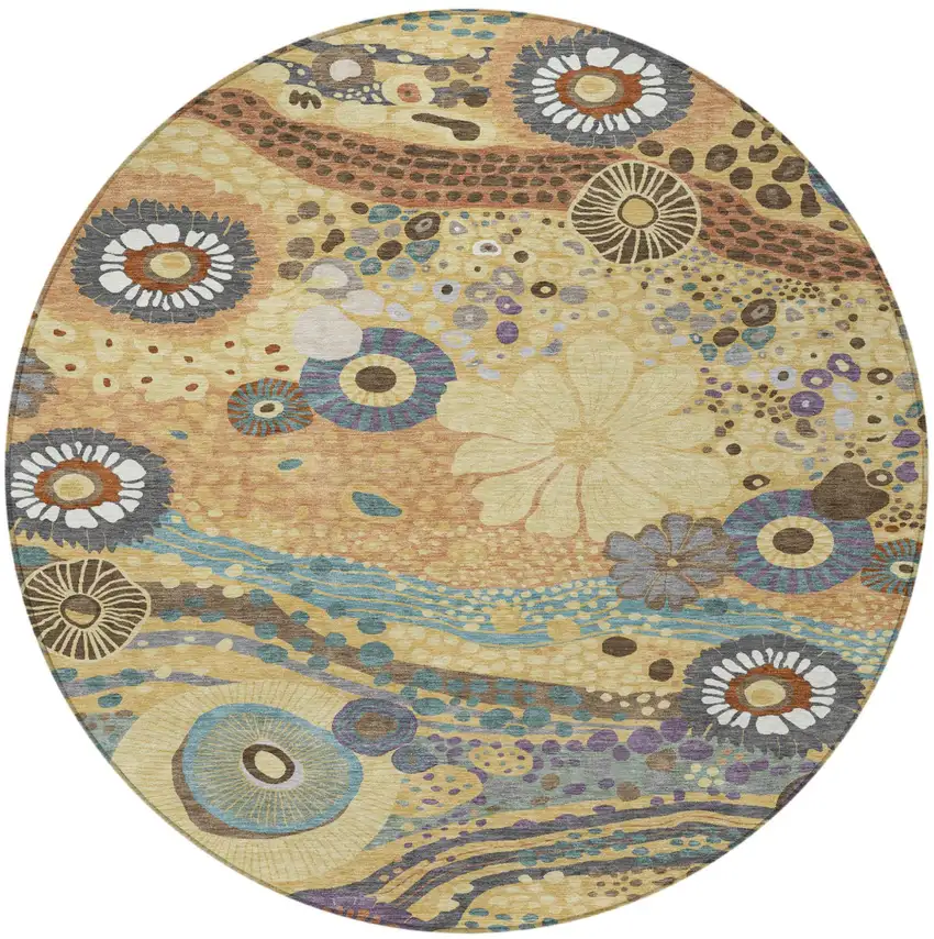8' Gold And Wheat Round Floral Washable Indoor Outdoor Area Rug Photo 4