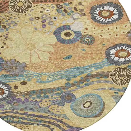 8' Gold And Wheat Round Floral Washable Indoor Outdoor Area Rug Photo 3