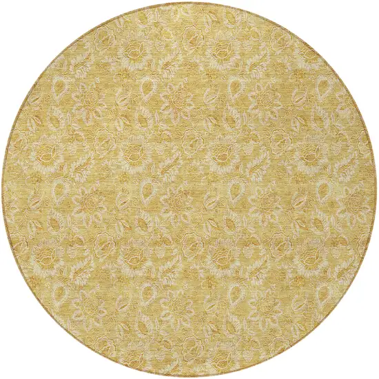 8' Gold And Wheat Round Floral Washable Indoor Outdoor Area Rug Photo 6