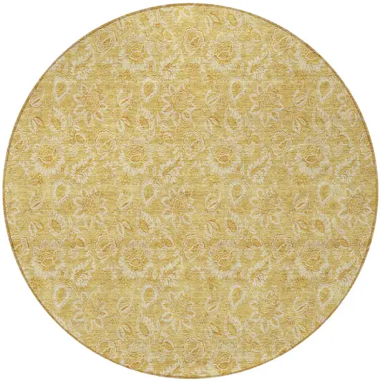 8' Gold And Wheat Round Floral Washable Indoor Outdoor Area Rug Photo 6