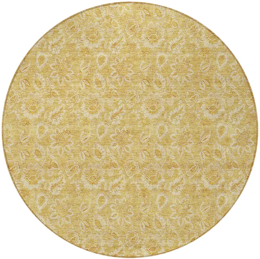 8' Gold And Wheat Round Floral Washable Indoor Outdoor Area Rug Photo 6