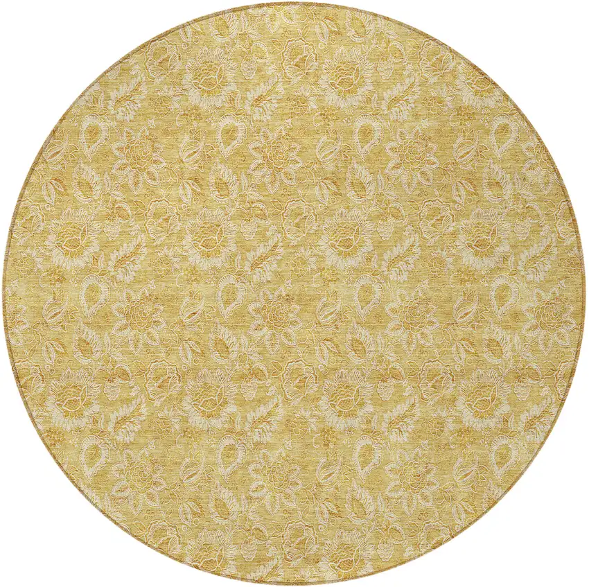 8' Gold And Wheat Round Floral Washable Indoor Outdoor Area Rug Photo 6