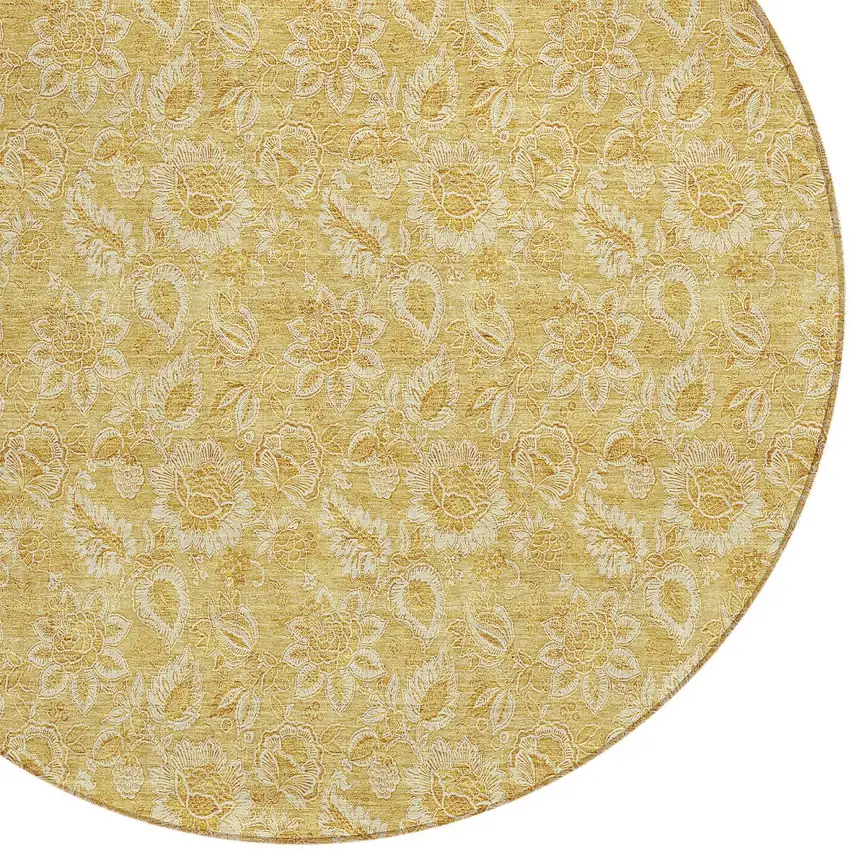 8' Gold And Wheat Round Floral Washable Indoor Outdoor Area Rug Photo 5