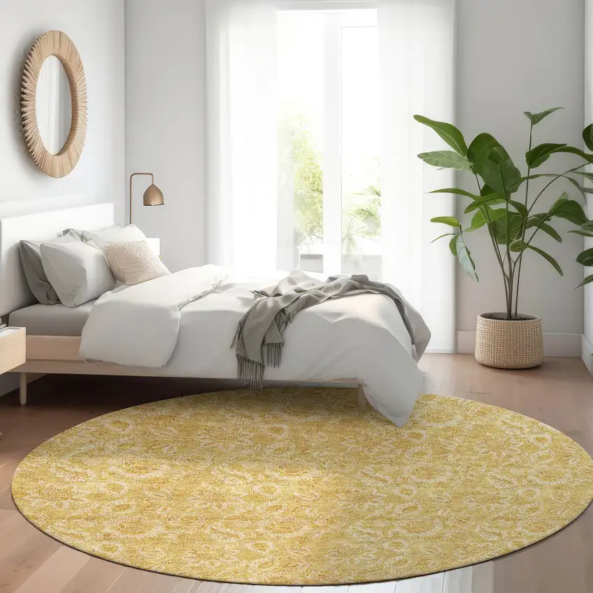 8' Gold And Wheat Round Floral Washable Indoor Outdoor Area Rug Photo 8