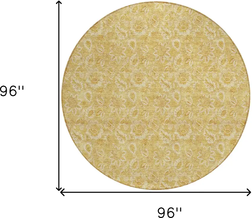 8' Gold And Wheat Round Floral Washable Indoor Outdoor Area Rug Photo 3