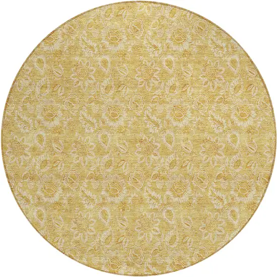 8' Gold And Wheat Round Floral Washable Indoor Outdoor Area Rug Photo 2