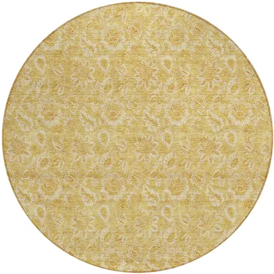 8' Gold And Wheat Round Floral Washable Indoor Outdoor Area Rug Photo 2