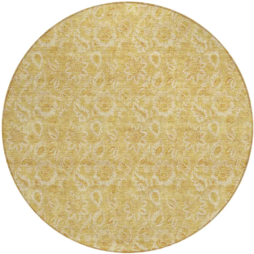 8' Gold And Wheat Round Floral Washable Indoor Outdoor Area Rug Photo 2